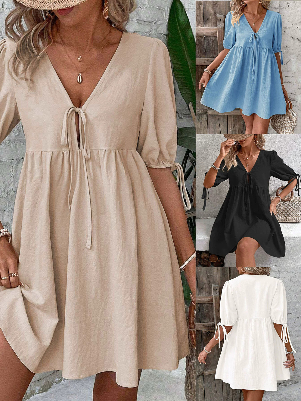 ZARA Elegant Loose Woven Deep V-Neck Bust Tie Dress
